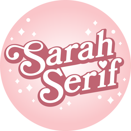 A light pink circle with white sparkles. Inside the circle is text that reads "Sarah Serif" in an embellished serif font. The text is white with a dark pink outline.